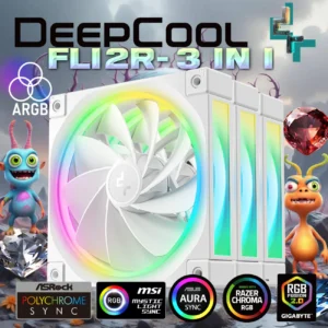 DeepCool FL12R 120mm 3 Fans ARGB Reverse Blade , 500–2150 RPM, 55 CFM, ≤33.9 dB, Fluid Dynamic Bearing, Gen2 LEDs, PWM + ARGB Sync 8-Pin, Anti-Vibration, Durable PBT Frame | WHITE