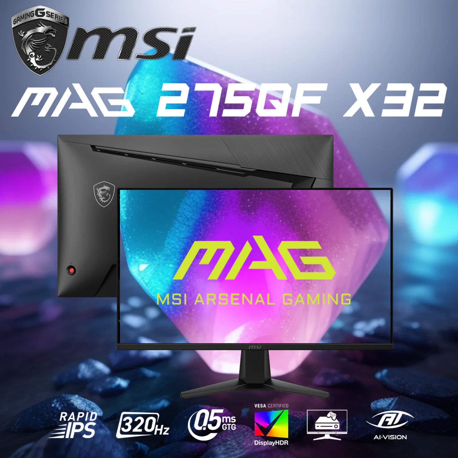 MSI MAG 275QF X32 27” WQHD 2560×1440 Rapid IPS Gaming Monitor With 320Hz Refresh Rate, 0.5ms Response, DisplayHDR 400, Adaptive Sync, AI Vision, HDMI 2.1, Tilt-Adjustable | 6 MONTHS WARRANTY