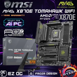 MSI MAG X870E TOMAHAWK WIFI AMD AM5 ATX Motherboard ; Dual Channel DDR5 8400+ MT/s (OC) ; PCIe 5.0 slot, Lightning Gen 5 x4 M.2 ; Audio Boost 5 ; Frozr Guard Heatsink ; Supports AMD Ryzen™ 9000 / 8000 / 7000 Series