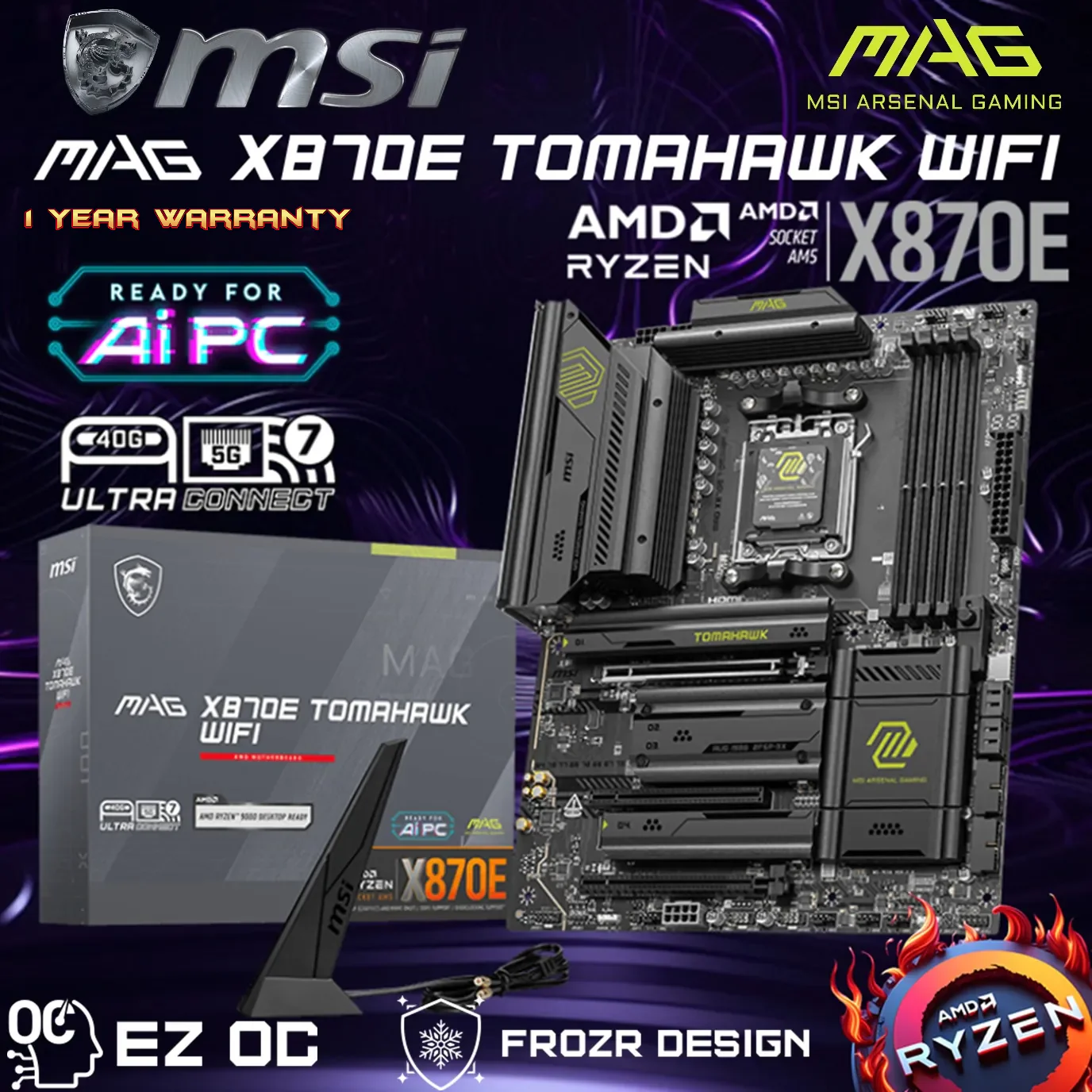 MSI MAG X870E TOMAHAWK WIFI AMD AM5 ATX Motherboard ; Dual Channel DDR5 8400+ MT/s (OC) ; PCIe 5.0 slot, Lightning Gen 5 x4 M.2 ; Audio Boost 5 ; Frozr Guard Heatsink ; Supports AMD Ryzen™ 9000 / 8000 / 7000 Series