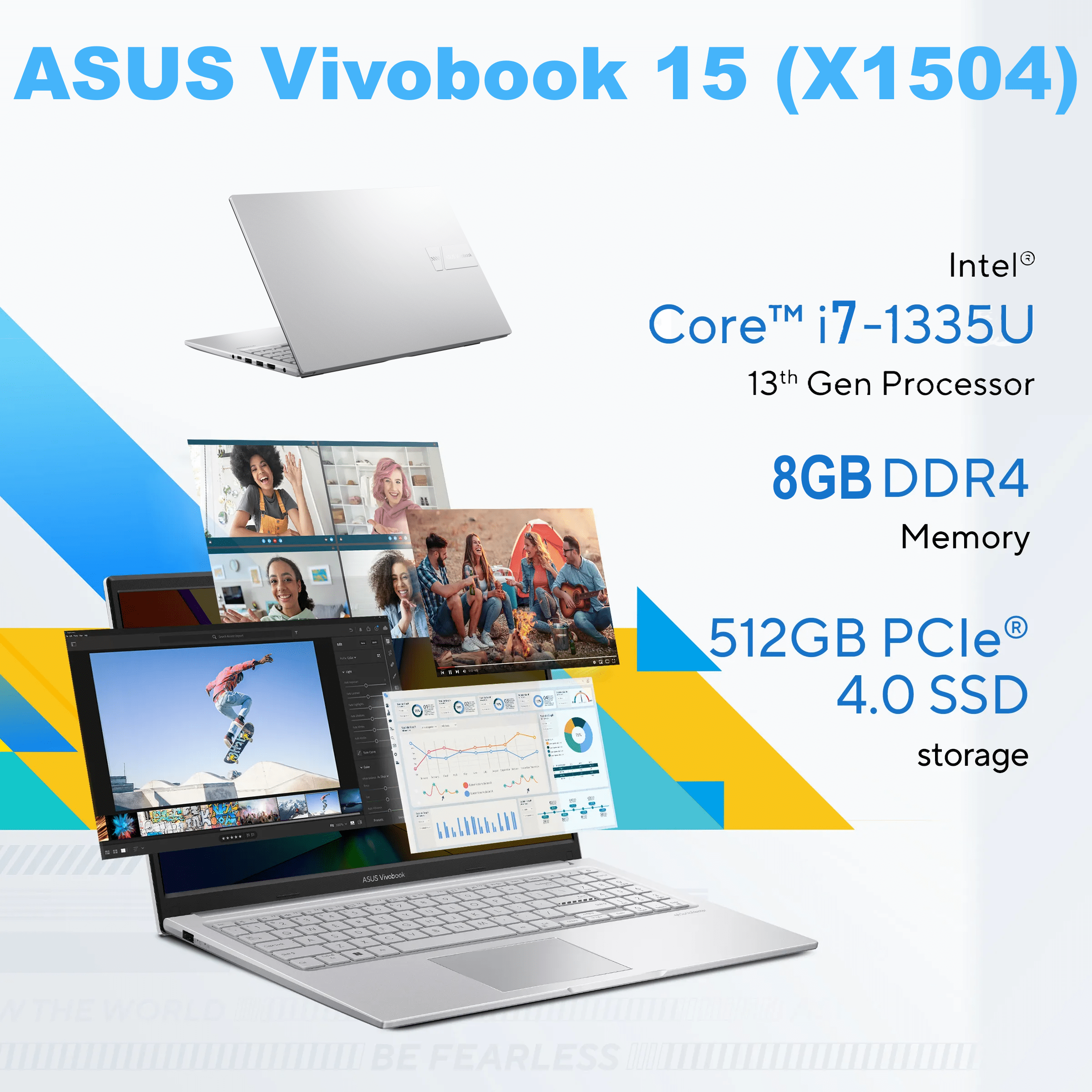 ASUS Vivobook 15 Intel® Core i7-1355U | 8GB DDR4 RAM , 512GB  NVMe® SSD | 15.6-inch FHD IPS Display | DOS | Intel® UHD Graphics | COOL SILVER ~ X1504VA-NJ379
