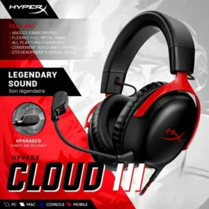 HyperX Cloud III – Wired Gaming Headset, PC, PS5, Xbox Series X|S, Angled 53mm Drivers, DTS Spatial Audio, Memory Foam, Durable Frame, Ultra-Clear 10mm Mic, USB-C, USB-A, 3.5mm | Black/Red  OPEN BOX