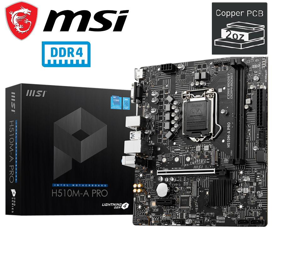 MSI H510M-A Pro Motherboard DDR4 Micro-ATX – Supports Intel Core 11Th Gen Processors, LGA 1200-2 X Dimms (3200Mhz), 1 X PCIe 4.0 X16, 1 X M.2 Gen3, USB 3.2 Gen1, 1G LAN, HDMI 2.0B | 1 YEAR WARRANTY