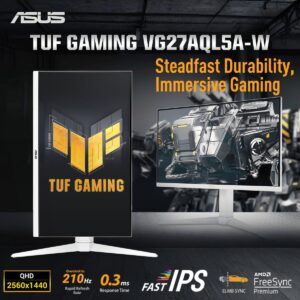 ASUS TUF VG27AQL5A-W Series 5 White Gaming Monitor – 27-inch, QHD(2560×1440), 210Hz(OC), Fast IPS, ELMB SYNC, 0.3ms GTG (min.), Stereo speaker, DisplayWidget Center, Gaming AI, Height – Tilt – Swivel – Pivot Adjustment | 6 MONTHS WARRANTY