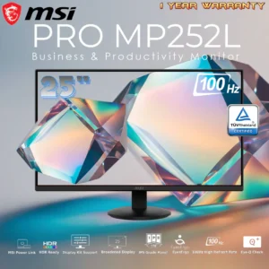 MSI PRO MP252L 24.5-Inch FHD Business Monitor – IPS Panel, 100Hz Refresh Rate 1ms (MPRT) / 4ms (GTG), Eye Care Tech, HDR Ready, Frameless Design, HDMI & DP Ports, Tilt-Adjustable Stand, Display Kit | 6 MONTHS WARRANTY