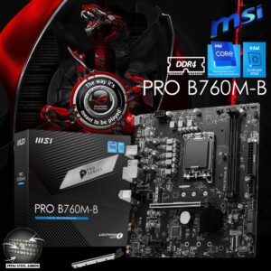 MSI PRO B760M-B DDR4 mATX Motherboard LGA 1700 Support Intel® Core™ 14th/ 13th/ 12th Gen Processors ; Dual Channel DDR4 4800+MHz (OC) ; PCIe 4.0, Lightning Gen4 x4 M.2 ; 2.5G LAN ; Steel Armor | 1 YEAR WARRANTY