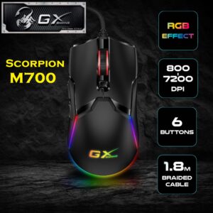 Genius Scorpion M700 RGB Gaming Mouse – Adjustable DPI 800/1600 /2400/3200/4800/7200 – Wired USB Interface –  1.8m Braided Cable – 6 Customizable Buttons | Black 