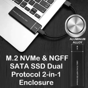 USB 3.1 Gen2 Type-C to M.2 NVMe & NGFF SATA SSD Dual Protocol 2-in-1 Enclosure – Aluminum Case, 10Gbps Speed, 2230–2280 Support, Plug & Play, JMS Chipset
