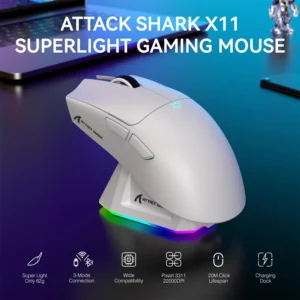 ATTACK SHARK X11 Tri-Mode Wireless Gaming Mouse – 62g Ultra-Light, 22000 DPI PAW3311 Sensor, RGB Dock, Ergonomic, 65h Battery, Programmable | White