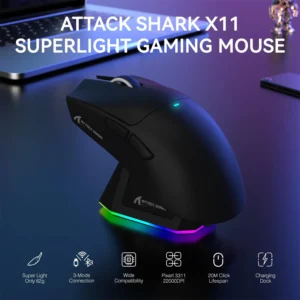 ATTACK SHARK X11 Tri-Mode Wireless Gaming Mouse – 62g Ultra-Light, 22000 DPI PAW3311 Sensor, RGB Dock, Ergonomic, 65h Battery, Programmable | Black