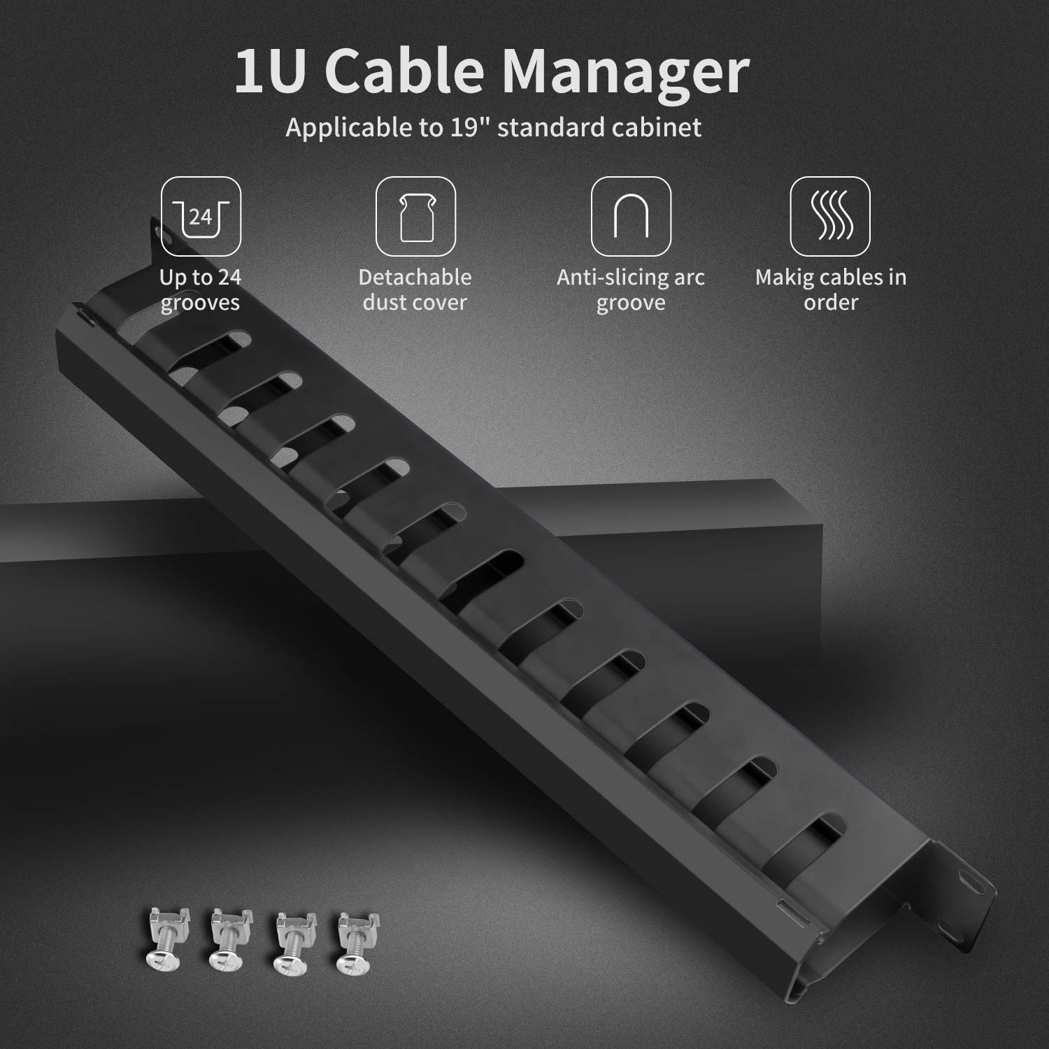 1U Metal 12-Way Cable Management Organizer | Horizontal Rackmount Finger Duct with Cover | 12 Slot / 24 Port Wire Organizer for Network & Server Cabinets – Neat Cable Arrangement