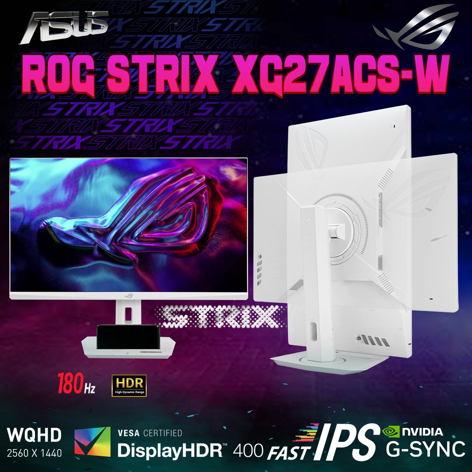 ASUS ROG Strix XG27ACS-W White Gaming Monitor – 27-inch WQHD, 180Hz , 1ms , Fast IPS, Extreme Low Motion Blur Sync, USB Type-C, G-Sync compatible, DisplayWidget , tripod socket, HDR, Fully Adjustable Stand | 6 MONTHS WARRANTY