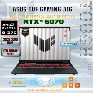 ASUS TUF Gaming A16 FA608UP AMD Ryzen™ 9 270 Processor | 32GB DDR5 RAM ; 1TB PCIe SSD | RTX™ 5070 , 8GB | 16-inch FHD+ 165Hz IPS Display |  1-Zone RGB Backlit Chiclet Keyboard | Windows 11 | JAEGER GRAY 