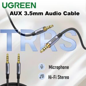 UGREEN AUX 3.5mm Audio Braided 4-Pole Cable with TRRS Stereo Aux Jack , 5 meters Hi-Fi Shielded Male-To-Male Cord With Mic Support, Gold-Plated Plugs, Nylon Braid, Universal Compatibility |  90788 