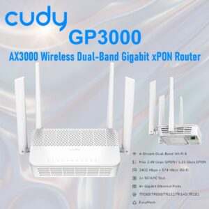 Cudy GP3000 AX3000 Dual-Band Gigabit xPON Wi-Fi 6 Router – GPON/EPON Dual Mode, EasyMesh, 4× Gigabit Ports, 2.48 Gbps Fiber Speed, IPv6, OMCI, TR069, 160 MHz Channel