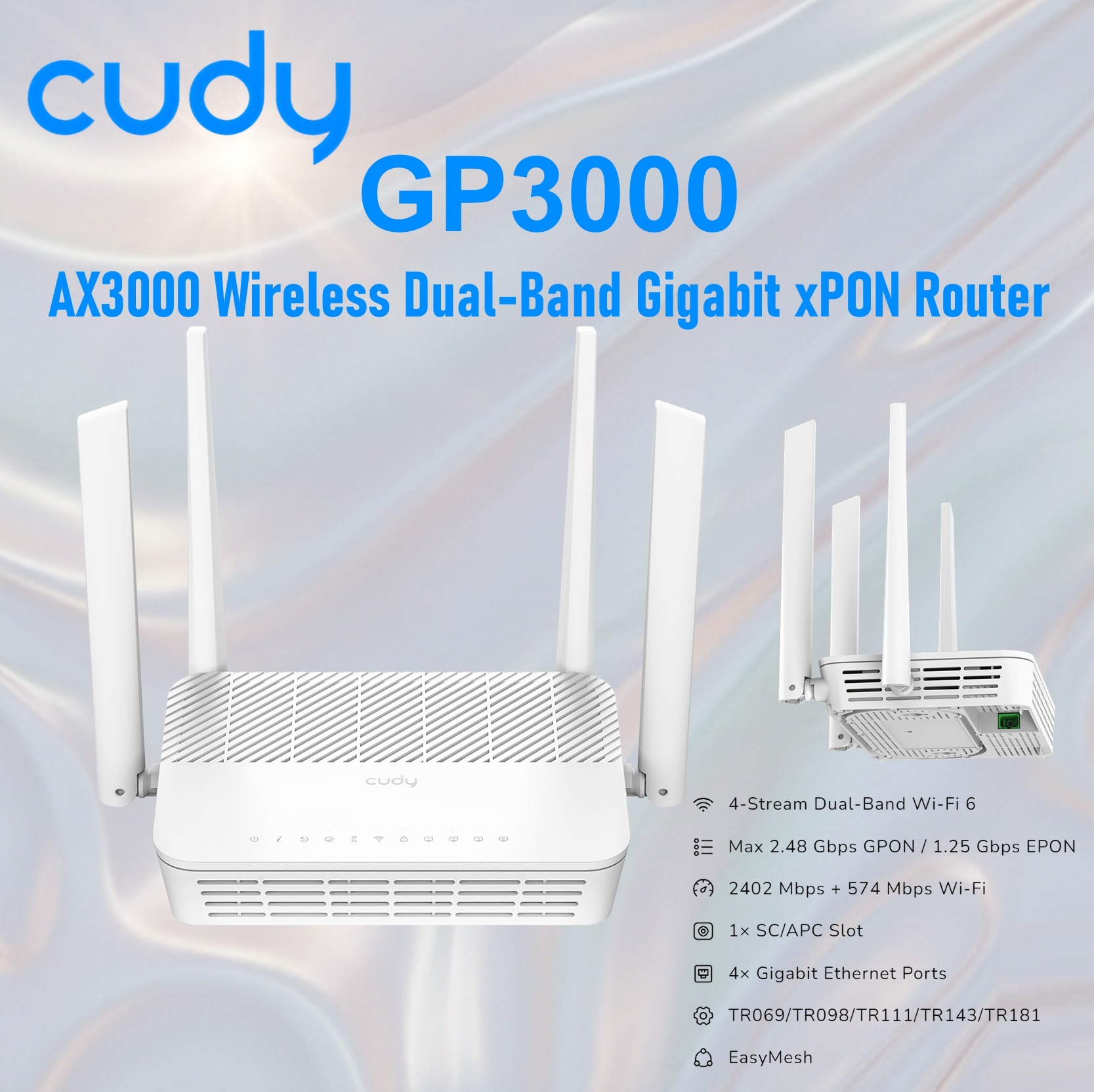 Cudy GP3000 AX3000 Dual-Band Gigabit xPON Wi-Fi 6 Router – GPON/EPON Dual Mode, EasyMesh, 4× Gigabit Ports, 2.48 Gbps Fiber Speed, IPv6, OMCI, TR069, 160 MHz Channel