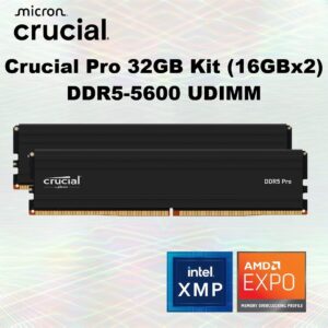 Crucial Pro 32GB Kit (16GBx2) DDR5-5600 UDIMM 1.1V CL46 ; Intel XMP 3.0 & AMD EXPO Support ; Low-Profile Heat Spreader ; 1.1V Plug & Play RAM for 12th–14th Gen Intel & Ryzen 7000 PCs