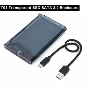 T01 Transparent SSD SATA 3.0 Enclosure – 2.5″ External Hard Drive Case, USB 3.0 to Type-C, 6Gbps Transfer, LED Indicator, UASP, Tool-Free, Plug & Play, PC/Laptop Compatible
