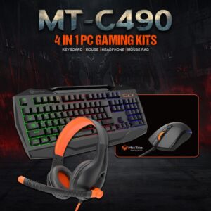 MEETION C490 4-in-1 PC Gaming Kit – USB Backlit Keyboard (US/Arabic), 2400DPI Mouse, 3.5mm Stereo Headset & Anti-Slip Mouse Pad – Ergonomic, Durable & Plug-and-Play Combo