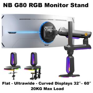 NB G80 Ergonomic RGB Gaming Monitor Arm For 32″–60″ for  Flat / Ultrawide / Curved Displays ; 20KG Max Load ; 360° Rotation ; Mechanical ProSpring ; RGB Lighting ; Dual Clamp & Cable Management 