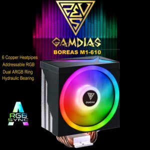 GAMDIAS BOREAS M1-610 ARGB CPU Air Cooler with 6 Heat Pipes & 120mm PWM Fan (Up to 180W TDP) – Dual ARGB Ring – Hydraulic Bearing – for Intel LGA1700/1200/115X, AMD Ryzen AM5/AM4 