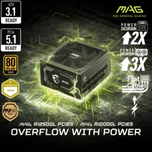 MSI MAG A1250GL PCIE 5 Gaming Power Supply – ATX 3.1 & PCIE 5.1 Ready – Full Modular – 80 Plus Gold Certified 1250W – 12VHPWR Supports NVIDIA® GeForce RTX™ 40 & 50 series – ATX PSU | BLACK