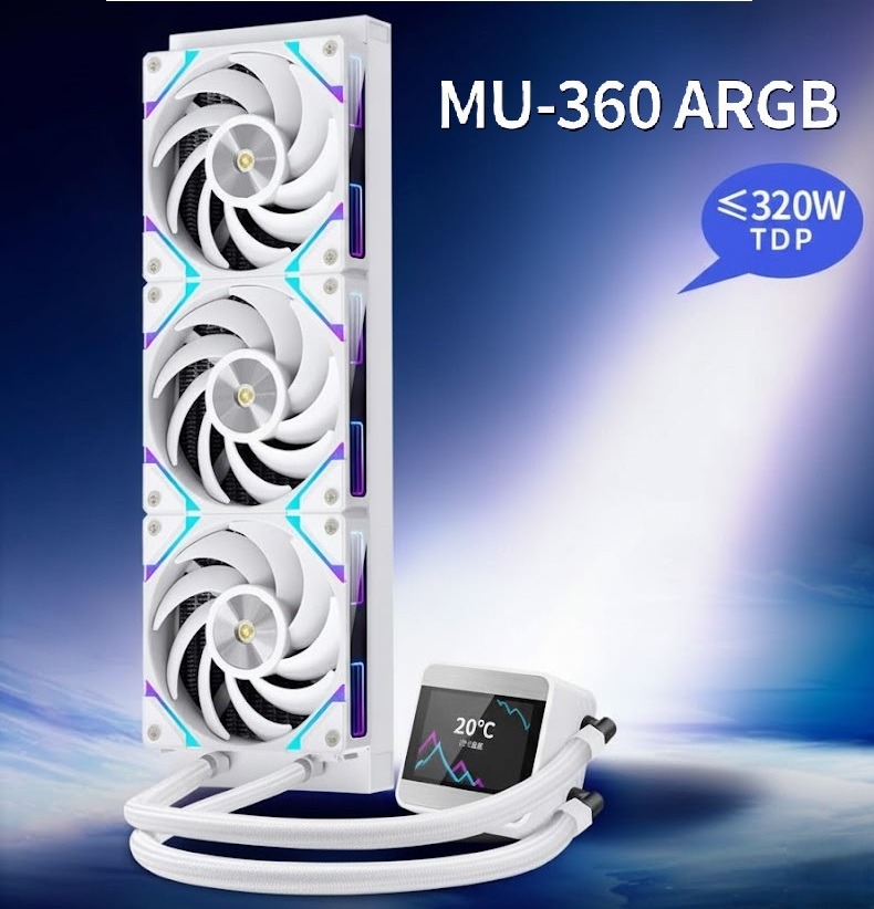 SEGOTEP MU360 Liquid Cooler White 360mm AIO with 2.4-inch IPS Digital Display, Modular ARGB Fans, EPDM Tubing, 9-Pole Pump, 320W TDP Support for Intel and AMD Platforms