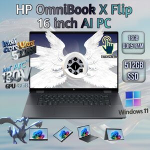 HP OmniBook X Flip AI PC : Intel® Core Ultra 5 226V | 16GB DDR5x RAM ; 512GB NVMe SSD | Intel® Arc 130V GPU | 16-inch 2K TouchScreen IPS Display | Backlit Keyboard | Windows 11 | ECLIPSE GREY ~ 16-as0013dx