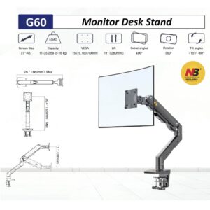 NB G60 Heavy Duty Adjustable Gas Spring Desk Mount Arm For 27″–45″ Monitors ; 16KG Max Load ; Full Motion 360° Rotation ; Ergonomic Design With Built-In USB Hub & Cable Management