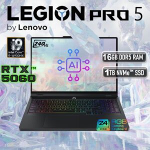 Lenovo Legion Pro 5 16IRX10 AI-Powered : Intel® Core i9-14900HX | 16GB DDR5 RAM ; 1TB NVMe SSD | RTX 5060 (8GB) | 16-inch WQXGA IPS 240Hz 100% DCI-P3 | 24-Zone RGB Backlit English / Arabic Keyboard | DOS | Eclipse Black