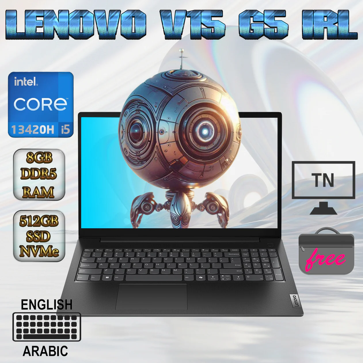 Lenovo V15 G5 IRL Intel® Core i5-13420H | 8GB DDR5 RAM , 512GB SSD NVMe® | Integrated Intel® UHD Graphics | 15.6-inch FHD TN Display | Arabic / English Keyboard | DOS | Lenovo® Laptop Bag Included | Business Black