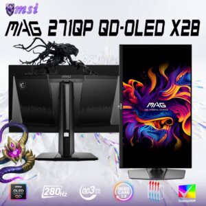 MSI MAG 271QP QD-OLED X28 27-inch QHD 280Hz Gaming Monitor – QD-OLED True Black HDR 400, 0.03ms GtG, HDMI 2.1, Adaptive Sync, ClearMR 15000, OLED Care 2.0, 99% DCI-P3, Adjustable Stand | 6 MONTHS WARRANTY