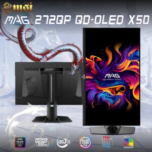 MSI MAG 272QP QD-OLED X50 27-inch QHD 500Hz Gaming Monitor – 3rd-Gen QD-OLED True Black HDR 500, 0.03ms GtG, ClearMR 21000, Adaptive Sync, EOTF Boost, OLED Care 2.0, HDMI 2.1, Ergonomic Stand | 6 MONTHS WARRANTY