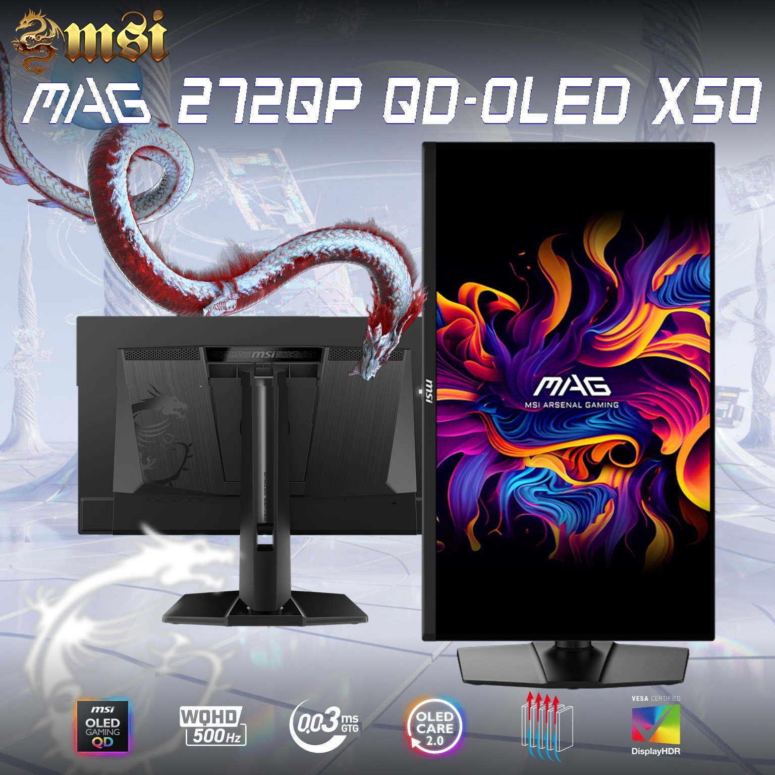 MSI MAG 272QP QD-OLED X50 27-inch QHD 500Hz Gaming Monitor – 3rd-Gen QD-OLED True Black HDR 500, 0.03ms GtG, ClearMR 21000, Adaptive Sync, EOTF Boost, OLED Care 2.0, HDMI 2.1, Ergonomic Stand | 6 MONTHS WARRANTY