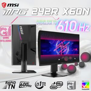 MSI MPG 242R X60N 24-inch FHD Rapid TN Gaming Monitor , 600Hz Refresh, 0.1ms GtG, AMD FreeSync Premium, VESA DisplayHDR 400, USB Hub, HDMI 2.1, DP 1.4, Type-C 98W PD | 6 MONTHS WARRANTY