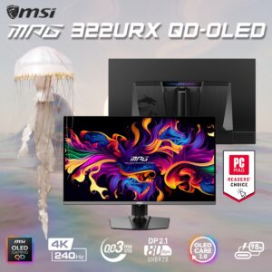 MSI MPG 322URX QD-OLED 32-inch 4K UHD 240Hz Flat Gaming Monitor – QD-OLED Panel, 0.03ms GtG, DisplayHDR True Black 400, HDMI 2.1, DP 2.1a, OLED Care 2.0, Height & Pivot Adjustable | 6 MONTHS WARRANTY