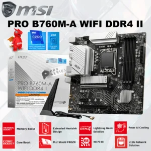 MSI PRO B760M-A WIFI DDR4 II mATX Motherboard LGA 1700, dual-channel DDR4 5333+ MHz , PCIe 4.0, Dual M.2 Gen4, 2.5G LAN, Wi-Fi 6E, HDMI™/DP, 7.1 HD Audio, Support Intel® Core™ 14th/ 13th/ 12th Gen Processors | 1 YEAR WARRANTY
