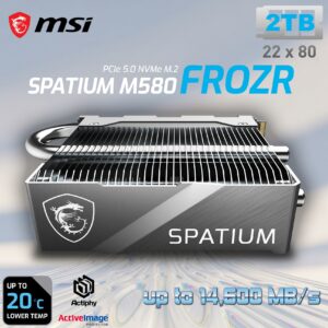 MSI SPATIUM M580 PCIe 5.0 NVMe M.2 2TB FROZR SSD With TOWERED FROZR HEATSINK & Core Pipes , PHISON E26 Controller, 14,600MB/s Read, 12,700MB/s Write, 4GB DRAM, 3D NAND, AES256 Encryption 
