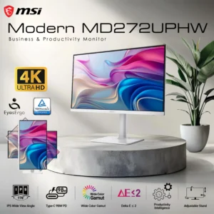 MSI Modern MD272UPHW 27 Inch 4K UHD IPS Business Monitor – ΔE ≤ 2, 97% DCI-P3, USB-C 98W PD, KVM, PIP/PBP, TÜV EyesErgo, 4-Way Ergonomic Stand, Dual Speakers, VESA Mount | 6 MONTHS WARRANTY