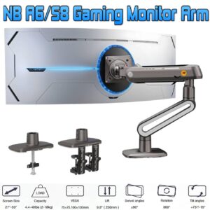 NB A6/S8 Gaming Monitor Arm For 27″–50″ Flat – Ultrawide – Curved Displays ; 18KG Max Load ; 360° Rotation ; Mechanical Spring ; Ergonomic Design ; C-Clamp & Grommet Mount With Cable Management