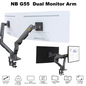 NB G55  Dual Monitor Arm For 27″–34″ Screens , 16KG Load Per Arm , Full Motion 360° Rotation, ±90° Swivel, +15°/-60° Tilt , Gas Spring Height Adjustment , C-Clamp & Grommet Mount With Cable Management 