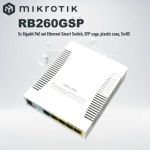MikroTik RB260GSP Smart PoE Switch – 5× Gigabit PoE-Out LAN Ports + 1× SFP Slot , 53W Max , Passive PoE 11–30V , SwOS Managed , QCA8337 Chip , Compact Fanless Design | CSS106-1G-4P-1S