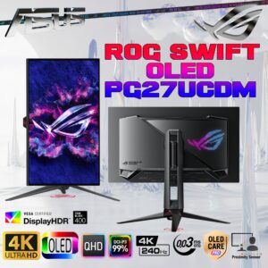 ASUS ROG Swift OLED PG27UCDM 27-inch Gaming Monitor ―  4K QD-OLED Panel, 240Hz, 0.03ms , Heatsink, Neo Proximity Sensor, G-SYNC® c, VESA DisplayHDR 400 True Black,  99% DCI-P3, DisplayWidget, DisplayPort™ 2.1a UHBR20 , Fully Adjustable Stand  | 6 MONTHS WARRANTY