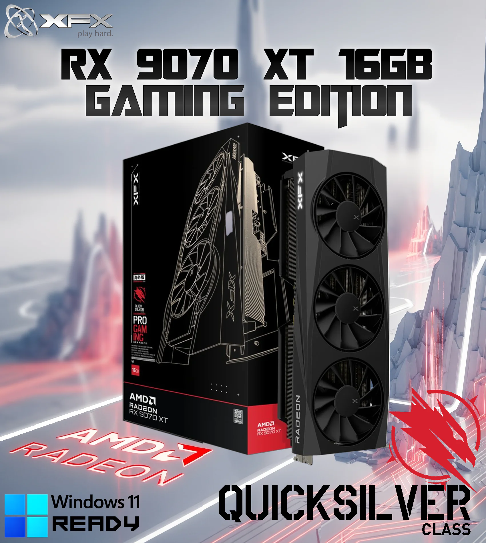 XFX Quicksilver AMD Radeon RX 9070 XT Gaming Edition 16GB GDDR6 PCIe 5.0 With 2970MHz Boost Clock 2400MHz Game Clock Triple Fan Cooling 3X DisplayPort HDMI 2.1, AMD & Windows Ready