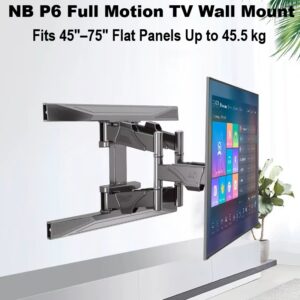 NB P6 Full Motion TV Wall Mount  Fits 45″–75″ Flat Panels ; Load Up to 45.5 kg ; Tilt +5°/-3°, Swivel 50°–80°, Rotate ±4° ; Retractable 52–380 mm ; VESA 200×200–600×400 mm