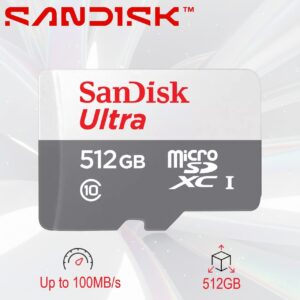 SanDisk Ultra 512GB microSDXC UHS-I Card 100MB/s – Class 10 Full HD Video, Android Compatible, Memory Zone App Support (White/Gray) 