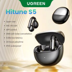UGREEN HiTune S5 Black Open Ear Clip Wireless Earbuds with Bluetooth 5.4, 30-Hour Playback, 12mm Dynamic Drivers, AI ENC Calls, 80ms Low Latency, IPX5 Rating, USB-C Fast Charging