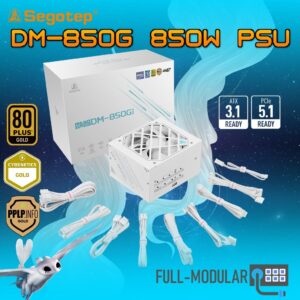Segotep DM-850G 850W Digital Gold Power Supply ATX3.1 PCIe5.1 Ready 80PLUS Gold PPLP Certified Dual-Core MCU AI Monitoring HiMOS USB Blind Plug Compact High-Density Design | WHITE