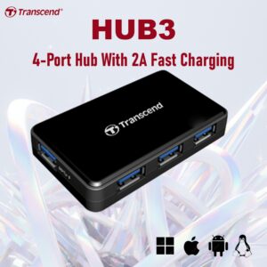 Transcend HUB3 : 4-Port Hub With 2A Fast Charging – USB 3.1 Gen 1 Interface, External Power Adapter, 10x Faster Transfer, LED Indicator, Windows/Mac/Linux Compatible