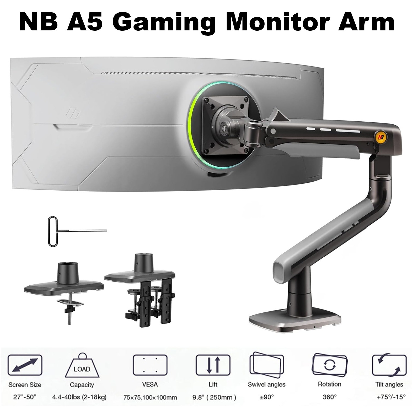 NB A5 Gaming Monitor Arm For 27″–50″ For Flat – Ultrawide – Curved Displays ; 18KG Max Load ; 360° Rotation ; Ergonomic Mechanical Spring Arm ; C-Clamp & Grommet Mount With Cable Management
